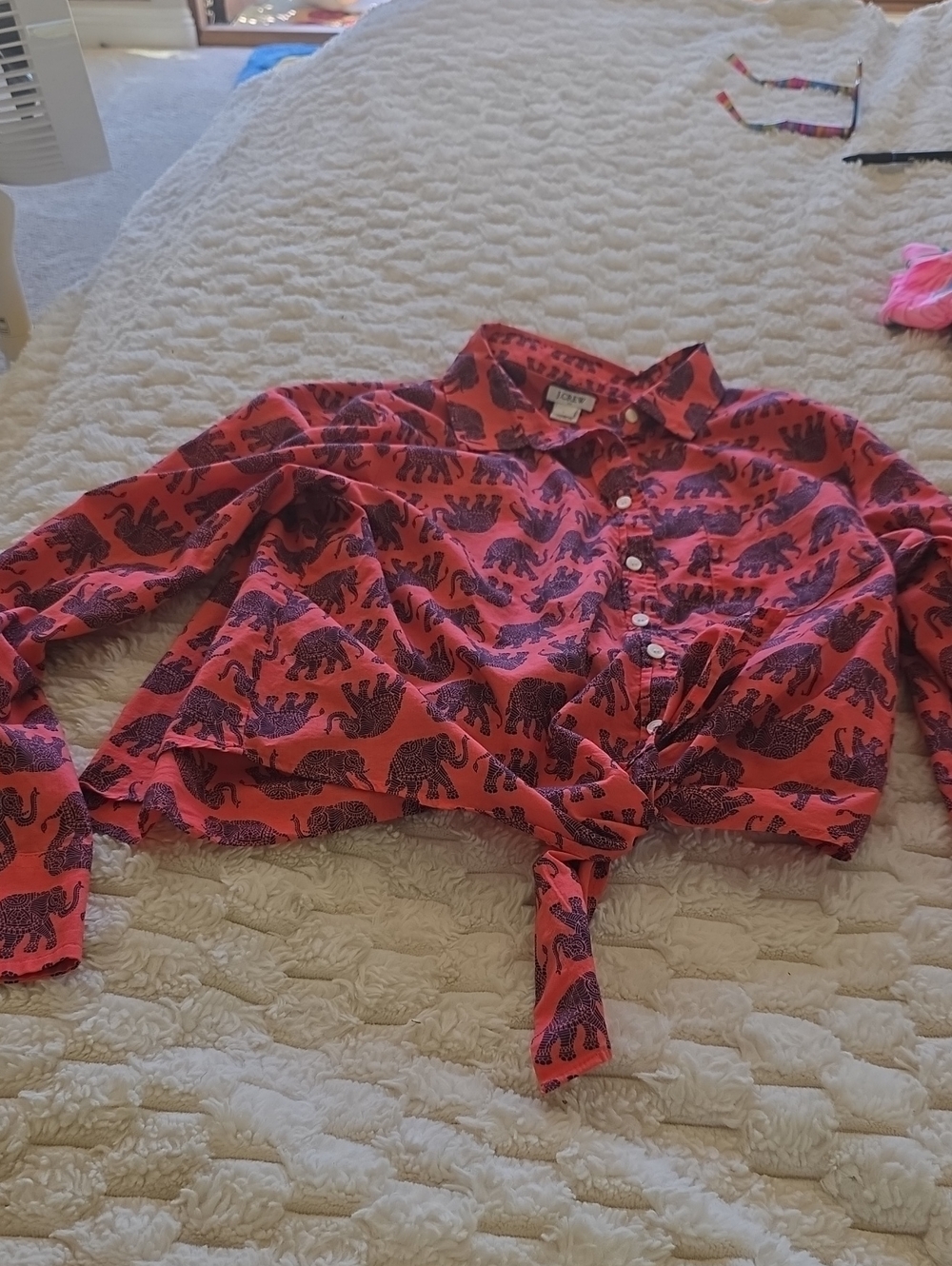 FUN j CREW Coral Button-Front Shirt with Navy Elephant Print